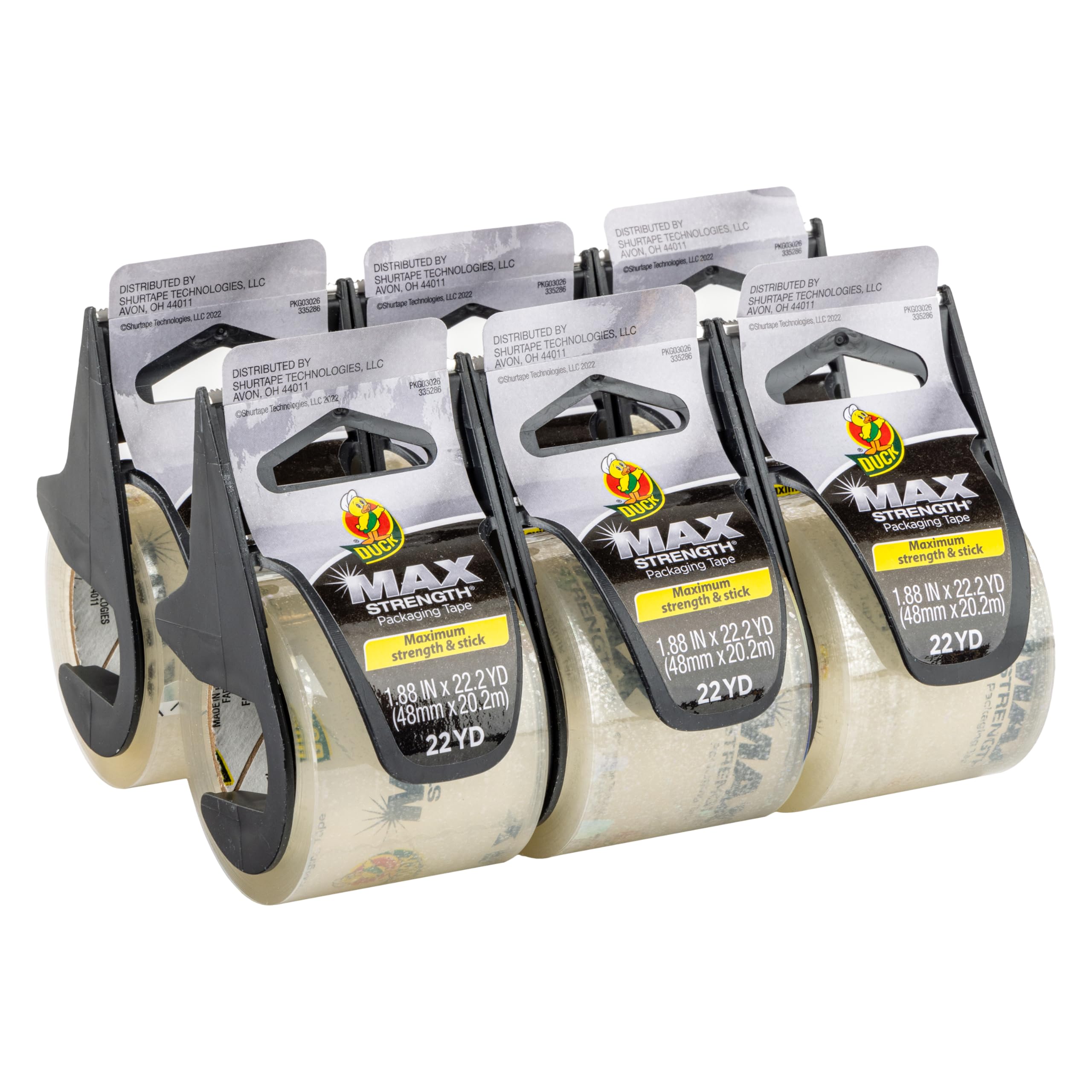 Duck Max Strength Clear Packing Tape with Dispensers – 6 Rolls of Maximum Strength Heavy Duty Packaging Tape for Shipping & Moving Boxes - 1.5" Core - 1.88 Inch x 22 Yards, Clear (284983)