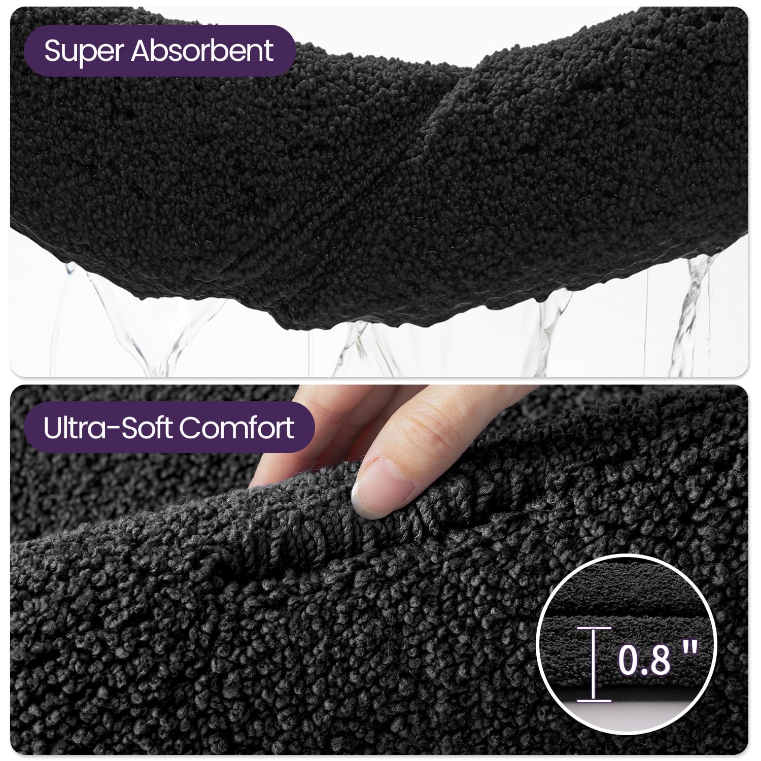 DEXI Bath Mat Non Slip, 16x24 Absorbent Microfiber Soft Bathroom Rug, Machine Washable Carpet for Shower Floor Bathmat Decor, Black