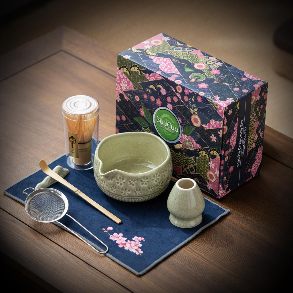 Buucup Matcha Whisk Set, Ceramic Matcha Set Includes Matcha Bowl, Matcha Whisk and Holder, Bamboo Scoop, Scoop Rest, Sifter and Tea Towel - 7 Pcs Matcha Kit for Matcha Lovers (Mottled Green)