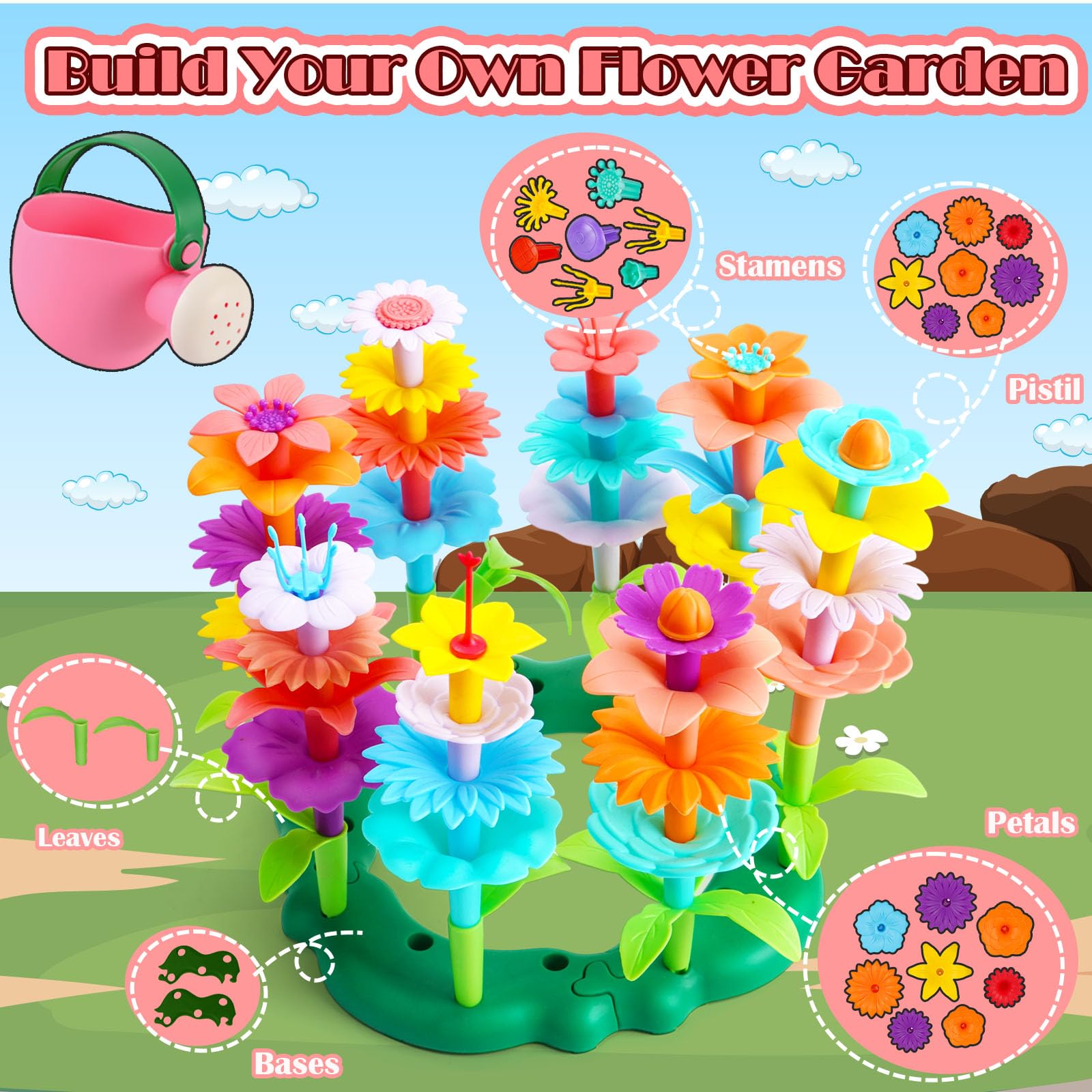 Flower Toy Garden Building Toys -46PCS Flower Building Set STEM Montessori Educational Toy for Toddler Kids, Sorting & Stacking Spring Gardening Set Birthday Gifts for Age 2 3 4 5 Years Old Girls