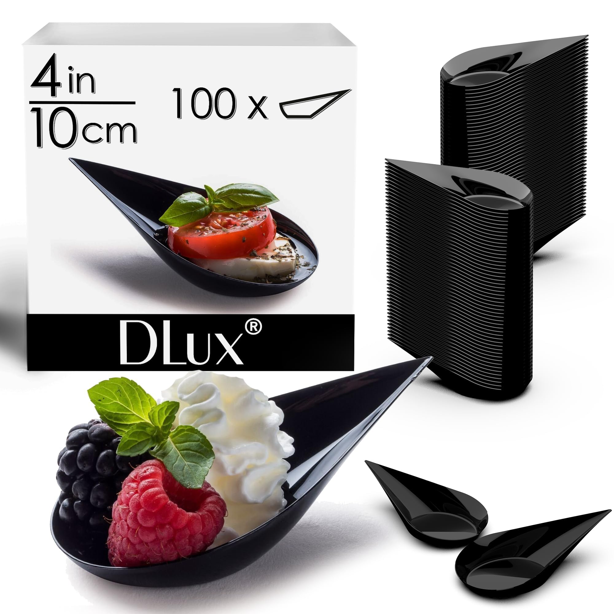 DLux 100 4-in Tear Drop Mini Appetizer Plates, Reusable Black Plastic Spoons - Desserts and Appetizers Dishes Serving Plate - Asian Spoon Set, Small Catering Dessert Tasting Cups - with Recipe Ebook