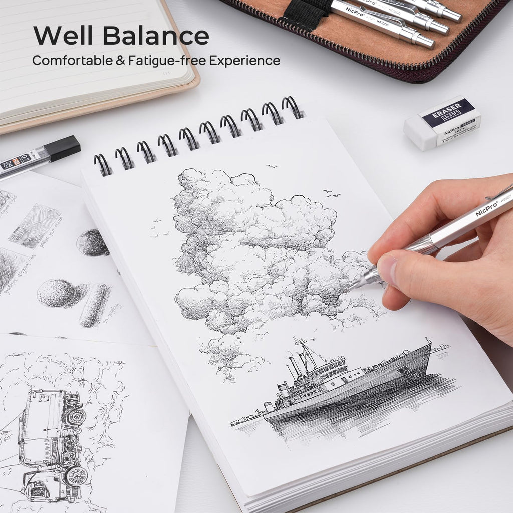 Nicpro 20PCS Metal Mechanical Pencil Set in Leather Case, 0.3, 0.5, 0.7, 0.9 mm & 2mm Lead Pencil Holders, 9 Tube (4B 2B HB 2H) Lead Refills(Black & Colors), Erasers For Art Drafting Sketching Drawing
