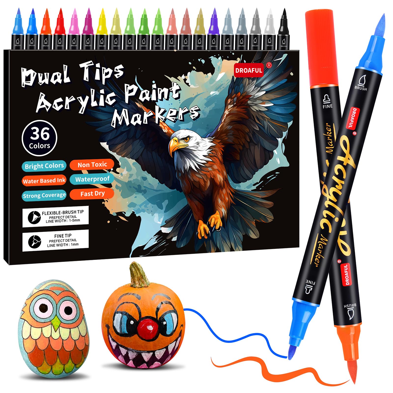 Acrylic Paint Pens Markers, 36 Colors Dual Tips Waterproof Paint Markers For Rock Painting, Fabric, Metal, Glass, Wood, Canvas, Ceramic, Plastic, Non-Toxic & Odor, Premium Art And DIY Craft Supplies