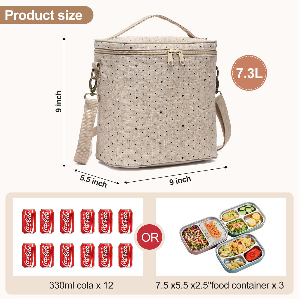 neatlife Lunch Tote, Cute Lunch Bag for Women, Thermal Bag with Double Zipper Close and Carrying Handle, Insulated Lunch Poche for Work, Travel & Picnic (Black Small Dots)