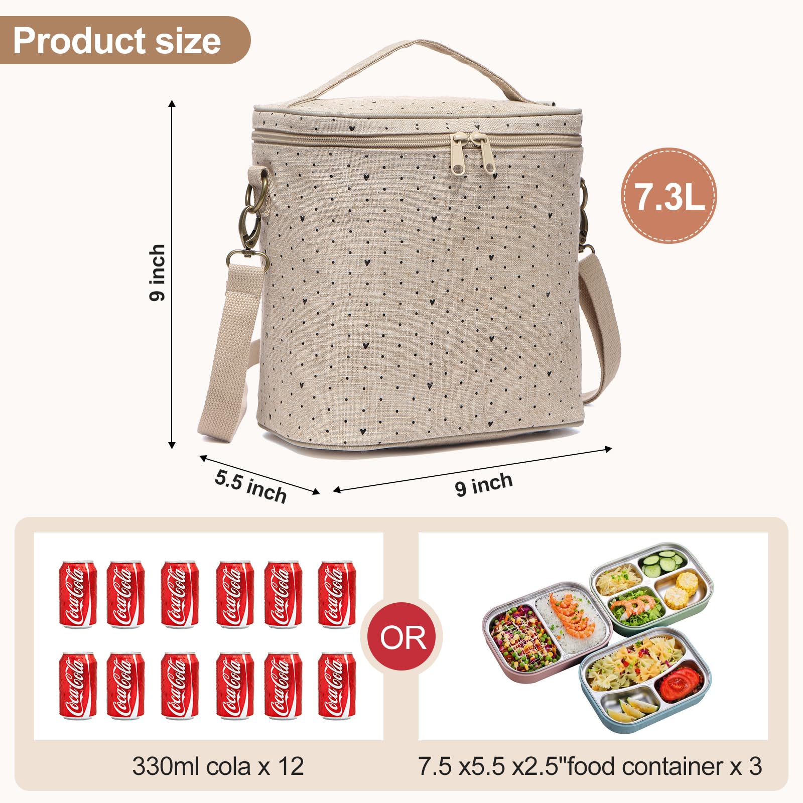 neatlife Lunch Tote, Cute Lunch Bag for Women, Thermal Bag with Double Zipper Close and Carrying Handle, Insulated Lunch Poche for Work, Travel & Picnic (Black Small Dots)