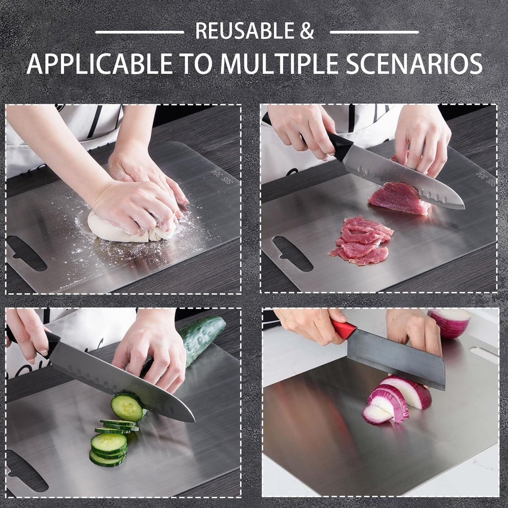 2-Pack Stainless Steel Cutting Board for Kitchen, Double-Sided Food-Grade 304 Chopping Board, Large for Meat, Small for Vegetables & Fruit, BPA-Free, Dishwasher Safe, Durable