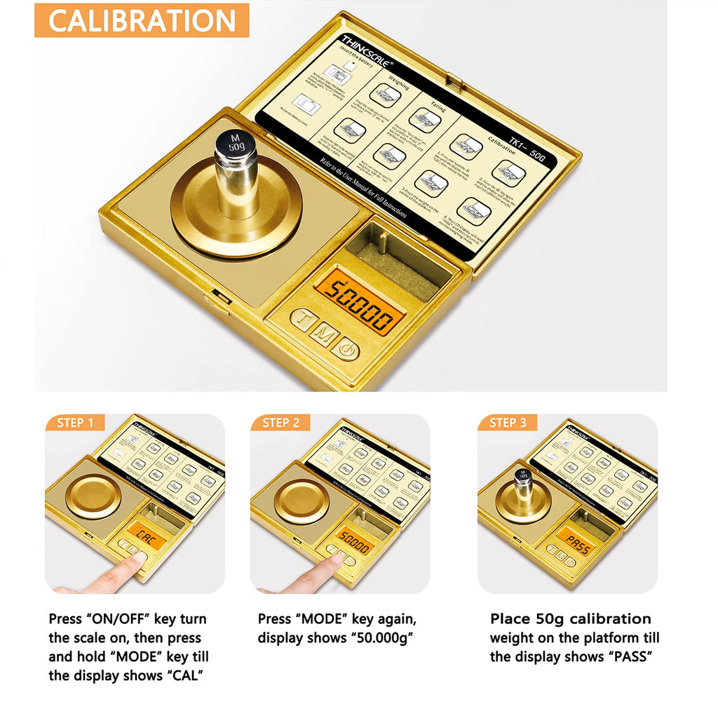 THINKSCALE High Precision Milligram Scale, 50g/0.001g Digital Pocket Scale, Mg Scale for Powder, Jewelry, Medicine, Gem, Reloading, Mini Gold Gram Scale 6 Units, Tare, Cal Weight, Tweezer and Tray