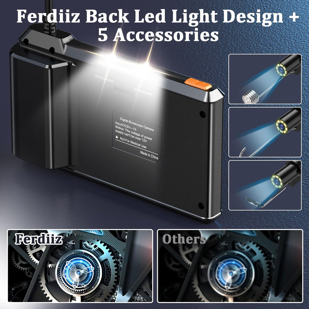 Endoscope Camera with Light, Ferdiiz 1080P HD Borescope with 4.3" IPS Screen, IP67 Waterproof Inspection Camera 8 Adjustable LED Lights, Flexible Endoscopic Camera-16.5FT 5M Semi-Rigid Cable
