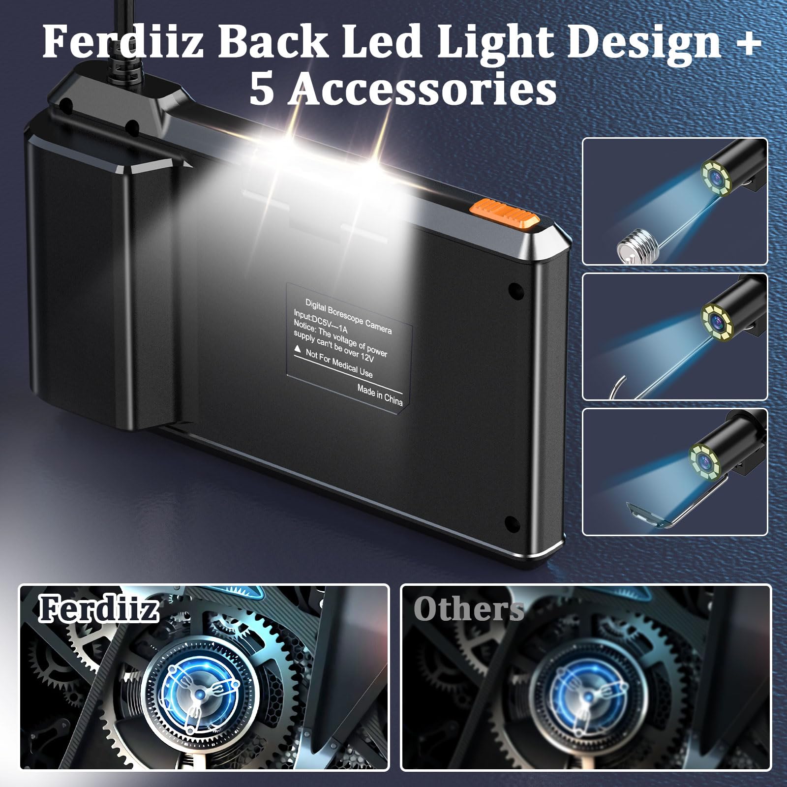 Endoscope Camera with Light, Ferdiiz 1080P HD Borescope with 4.3" IPS Screen, IP67 Waterproof Inspection Camera 8 Adjustable LED Lights, Flexible Endoscopic Camera-16.5FT 5M Semi-Rigid Cable