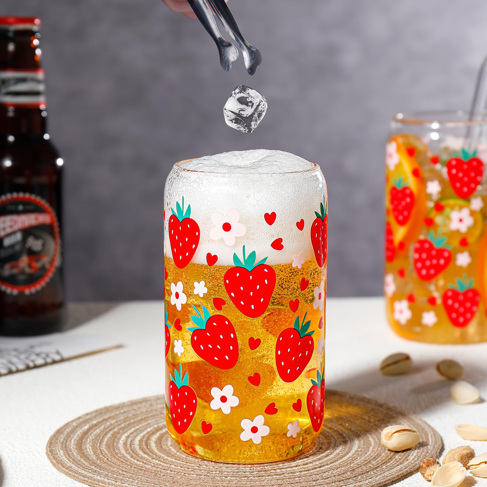 DWTS Glass Cups with Lids and Straws - Strawberry Design 4 Pcs, 16 oz Clear Drinking Glasses Set, Tumbler, Cute Iced Coffee Cups