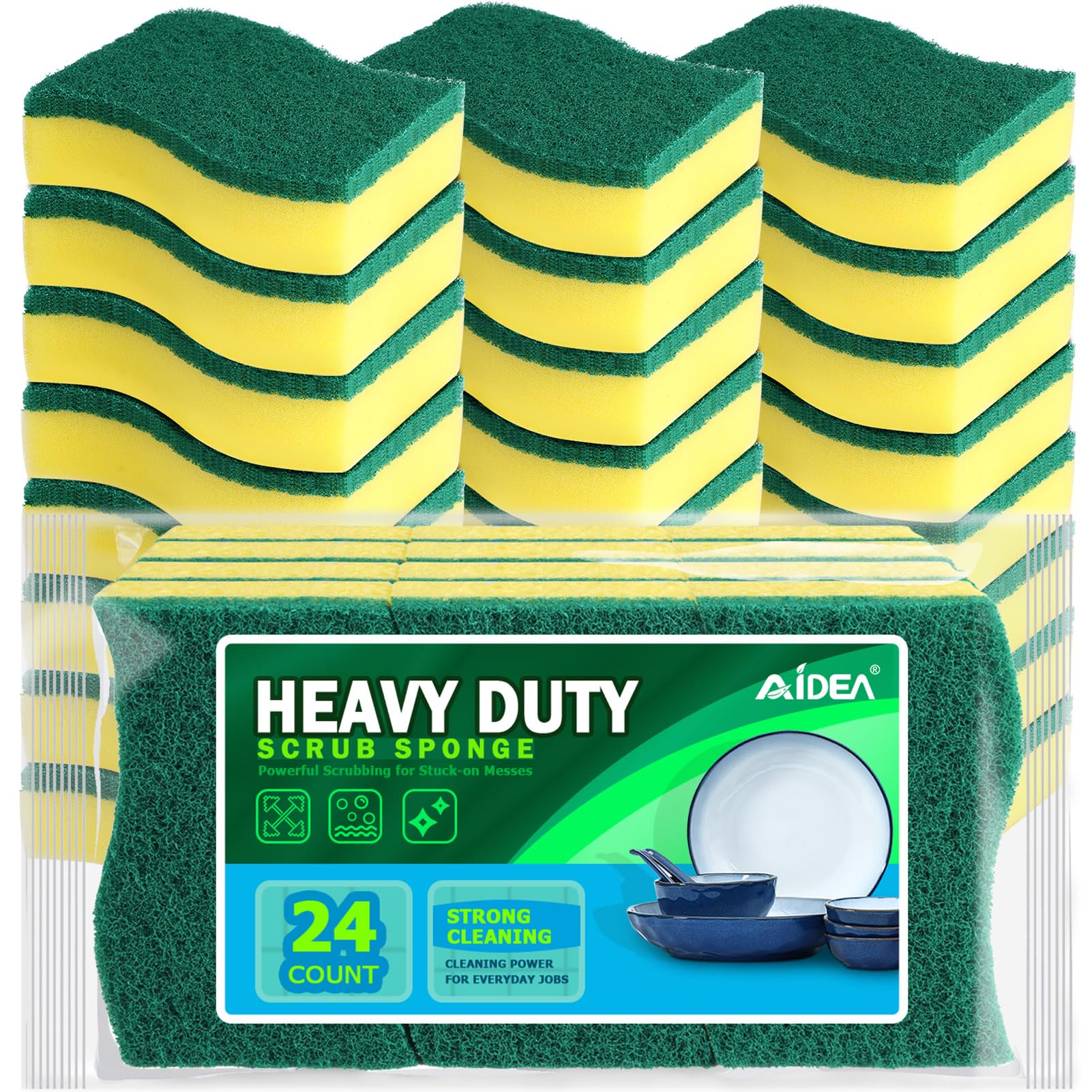 AIDEA Heavy Duty Scrub Sponge-50 Count, Cleaning Sponge, Kitchen Dish Sponge, Effortless Cleaning Eco Scrub Pads for Dishes,Pots,Pans All at Once