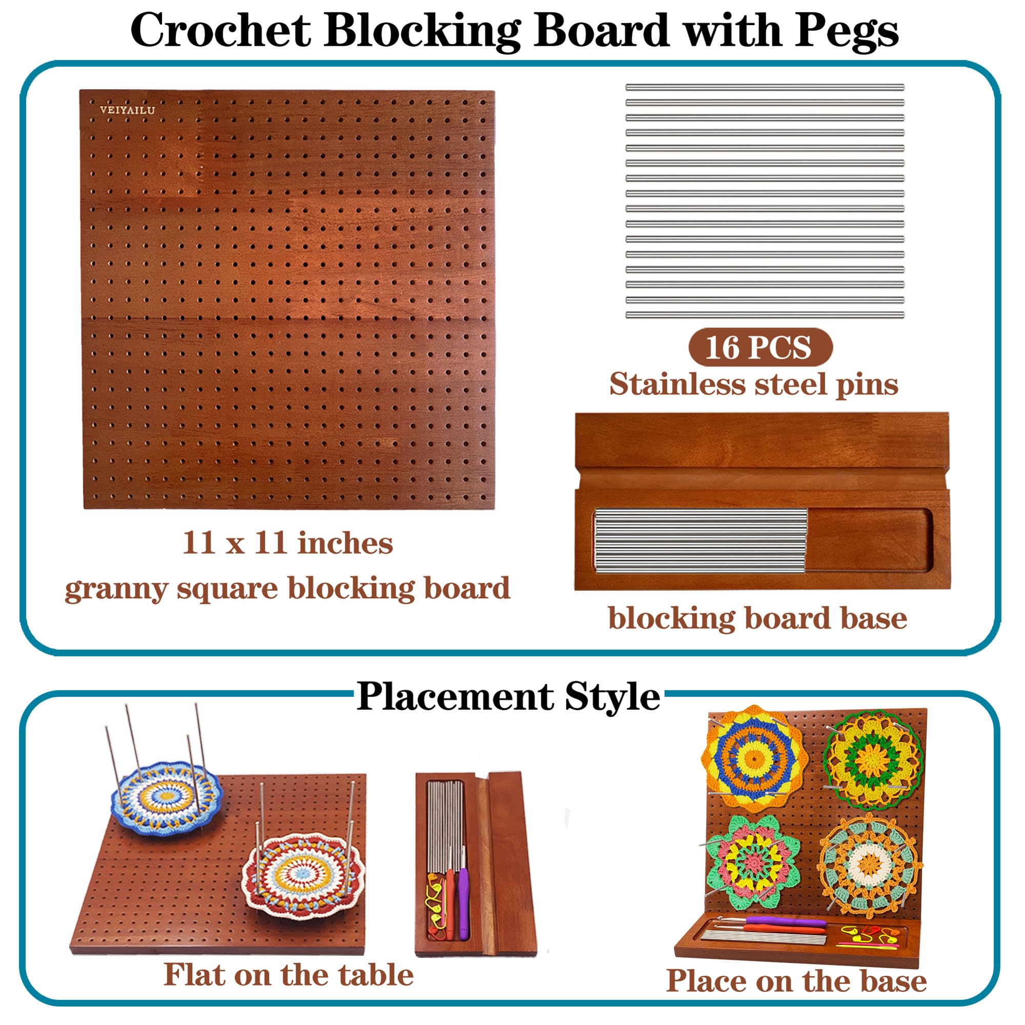 Crochet Blocking Board with 16 Pegs, 11x11 Inch: Granny Square Blocking Board - Gifts for Women, Mom, and Mother, Blocking Boards for Crochet Projects