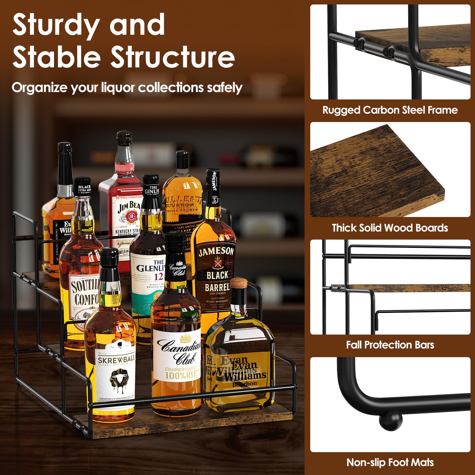 Nuovoware Liquor Bottle Display Shelf, 3 Step Wine Rack Countertop Liquor Shelf, Mini Bar Liquor Cabinet Kitchen Coffee Bar Shelf Stand for Whiskey, Black
