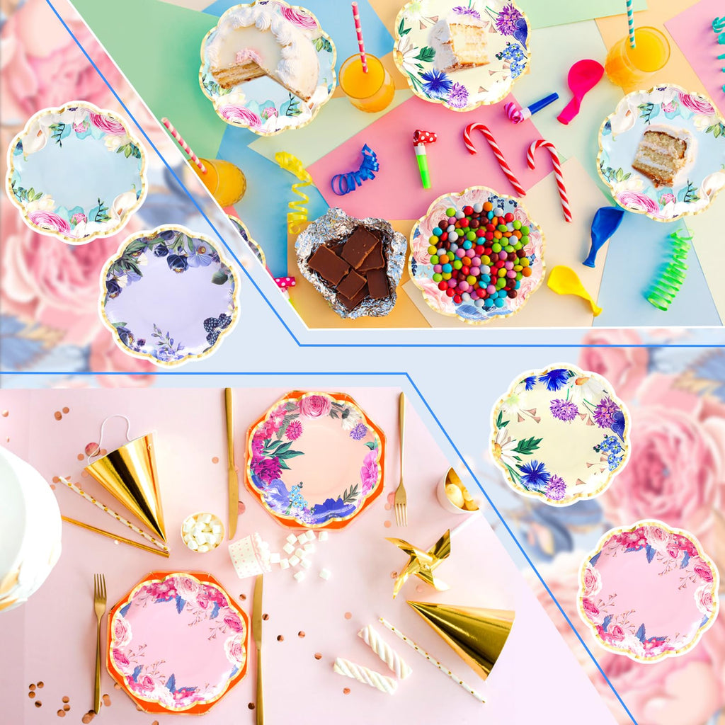 Benvo Floral Plates Disposable 60 Pack Paper Plates 9 Inch Dessert Plates Flower for Tea Party Garden Party Baby Shower Bridal Shower Birthday Wedding Decorations(6 Styles)