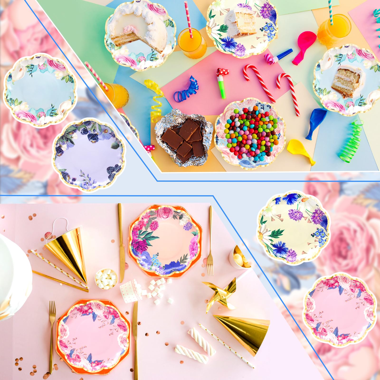Benvo Floral Plates Disposable 60 Pack Paper Plates 9 Inch Dessert Plates Flower for Tea Party Garden Party Baby Shower Bridal Shower Birthday Wedding Decorations(6 Styles)