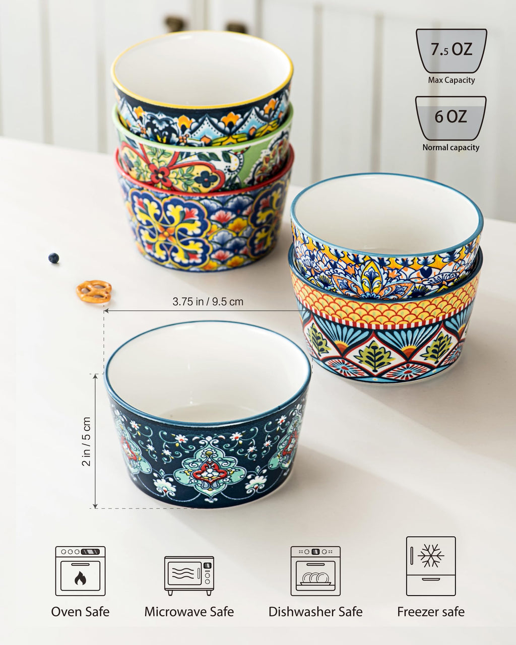Ramekins Oven Safe for Creme Brulee - Porcelain Pudding Custard Cups 6 oz - Small Serving Bowls for Souffle, Dipping Sauce, Ice Cream, Baking Ramiken Set of 6 - Bohemian Style