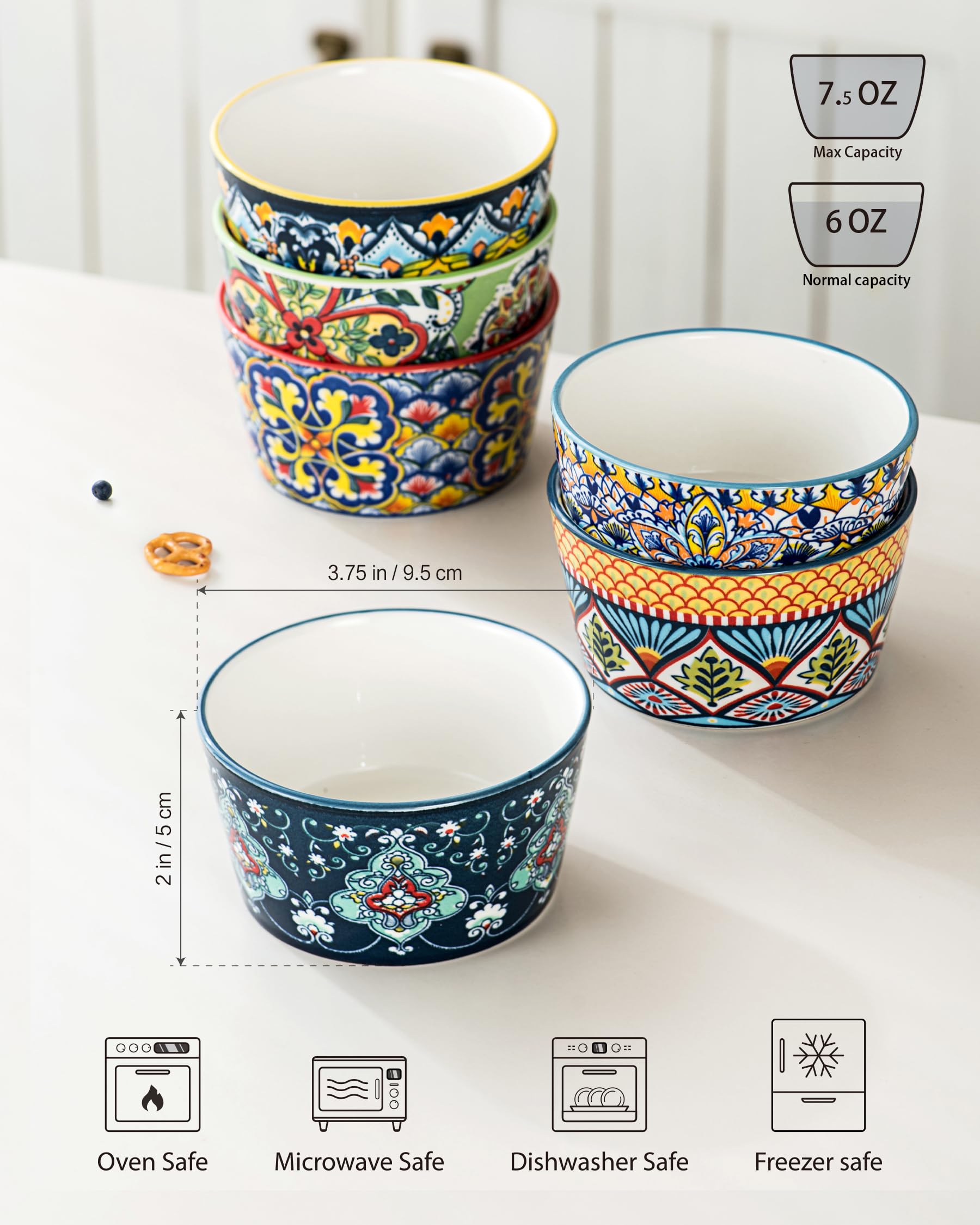 Ramekins Oven Safe for Creme Brulee - Porcelain Pudding Custard Cups 6 oz - Small Serving Bowls for Souffle, Dipping Sauce, Ice Cream, Baking Ramiken Set of 6 - Bohemian Style