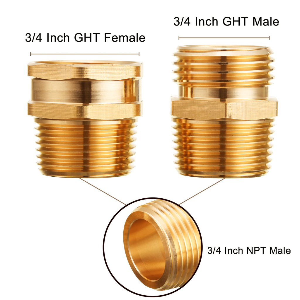 JOEJET Garden Hose Connector, 3/4'' GHT Female and Male to 3/4'' NPT Male, Metal Brass Water Hose to Pipe Thread Adapters and Fittings
