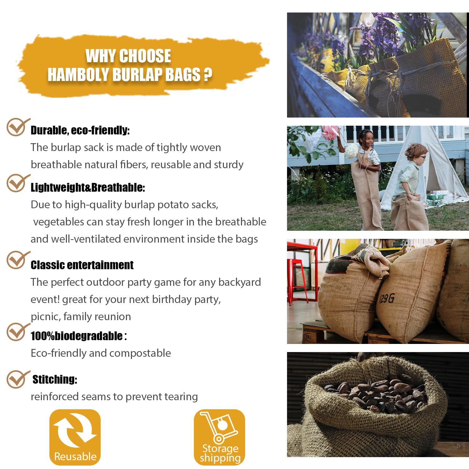 HAMBOLY 5 Packs Large Burlap Bags 24" x 40" Potato Sacks Reusable Storage Bags Races Game Bags