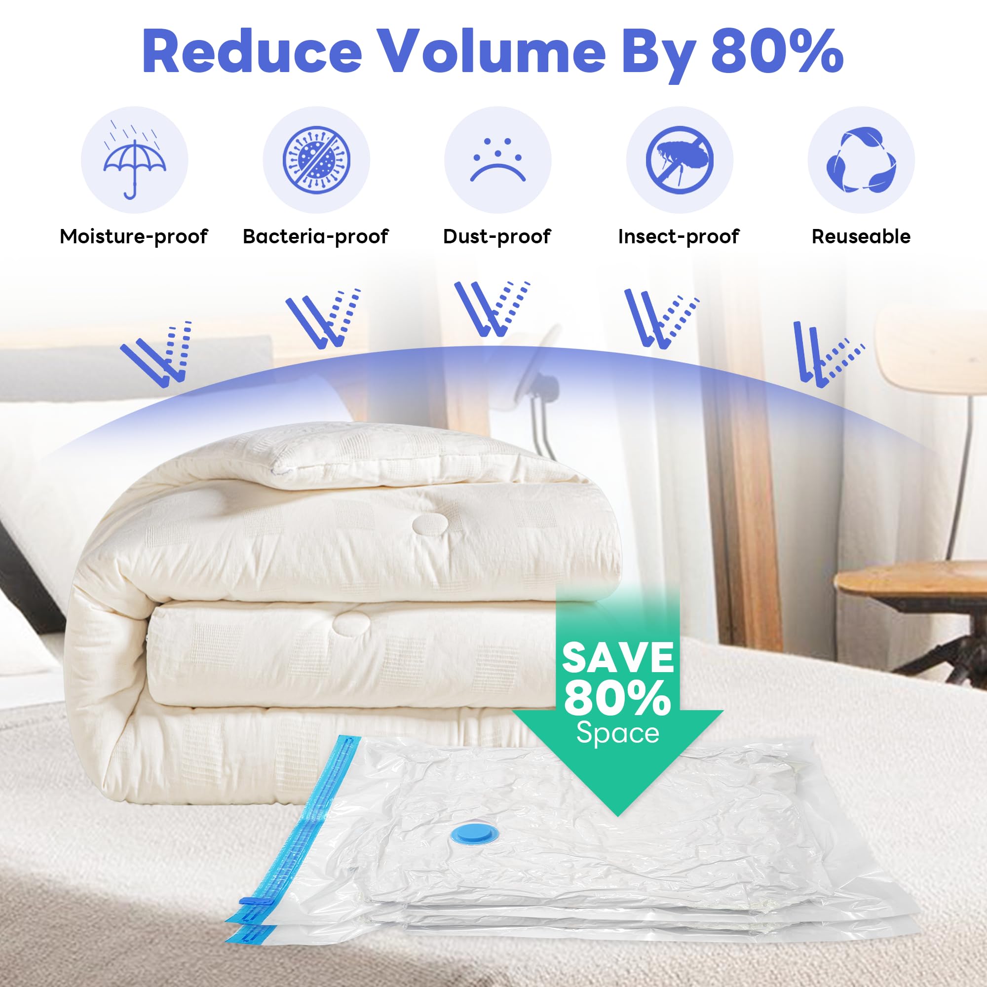 Vacuum Storage Bags, 12 Pack Vacuum Sealer Bags for Clothes Storage, Thick Vacuum Bags for Travel, Packing, Moving and Space Saving