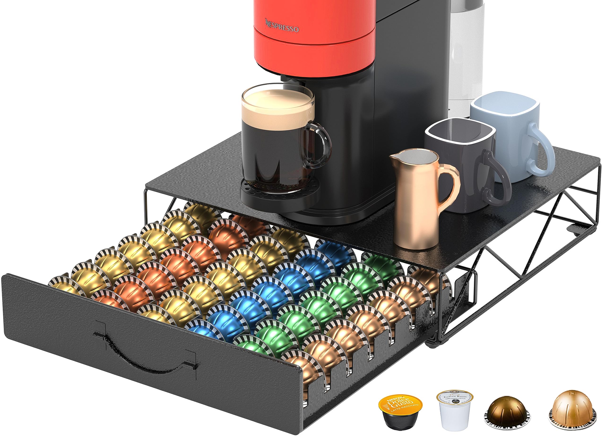 HFHOME Coffee Pod Drawer, 48 Vertuoline Capsules Holder, Pods Storage Drawer Holder for 36 K Cup, Metal Coffee Station for Nespresso Vertuo Capsules for Home Office Counter, Black