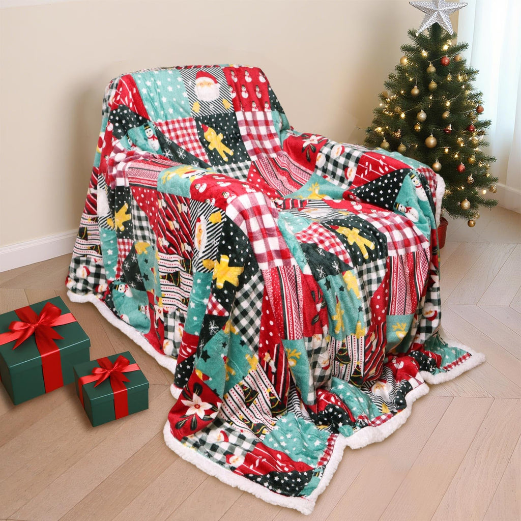 Gogreen Christmas Sherpa Fleece Throw Blanket for Couch Bed Sofa Adults -Soft and Warm Blanket for Winter, Thick and Fuzzy Throw Blanket (Classica Cartoon Plaid)