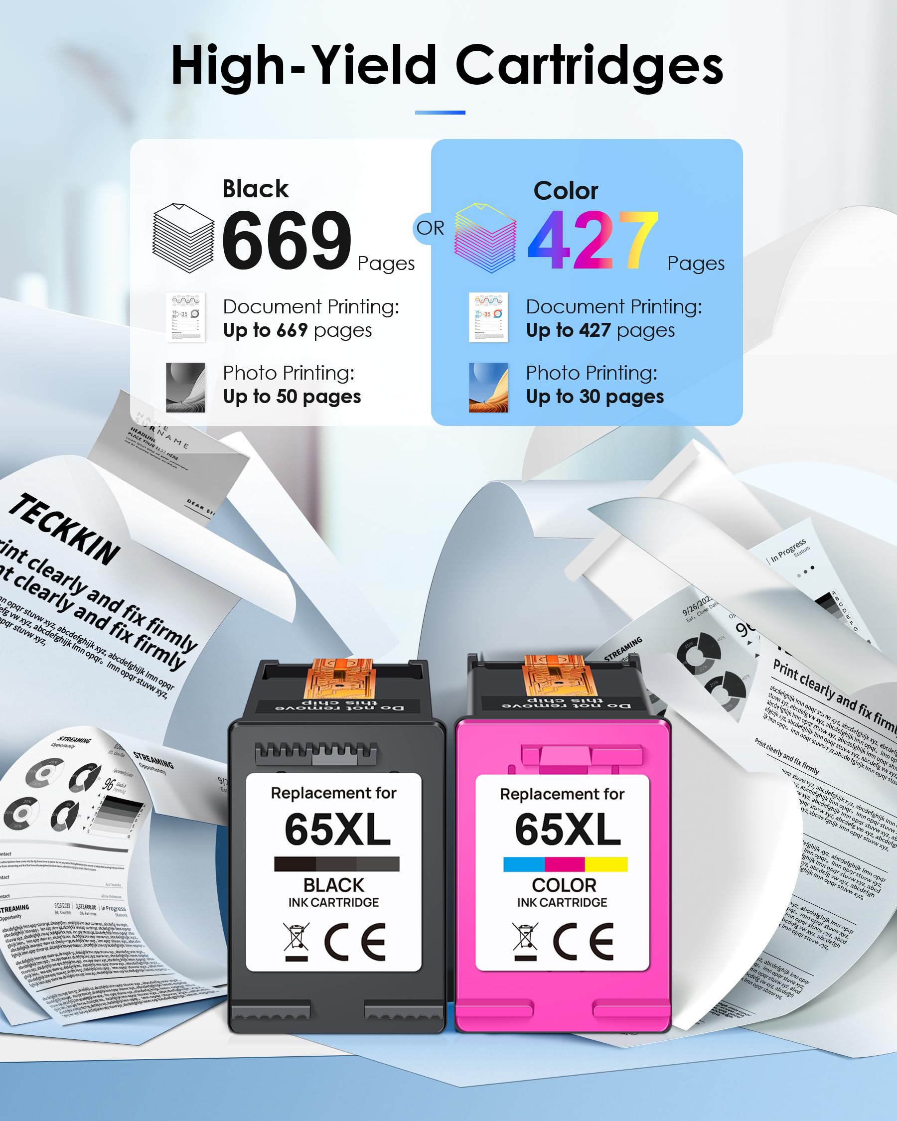 65XL Ink Cartridges Combo Pack for HP Ink 65 Black and Color 65 XL High Yield Ink for HP65XL Work for HP Deskjet 3755 3722 3758 3735 2655 2622 2636 2635 5055 5052 5058 AMP 100 105 120 125 130 Printer