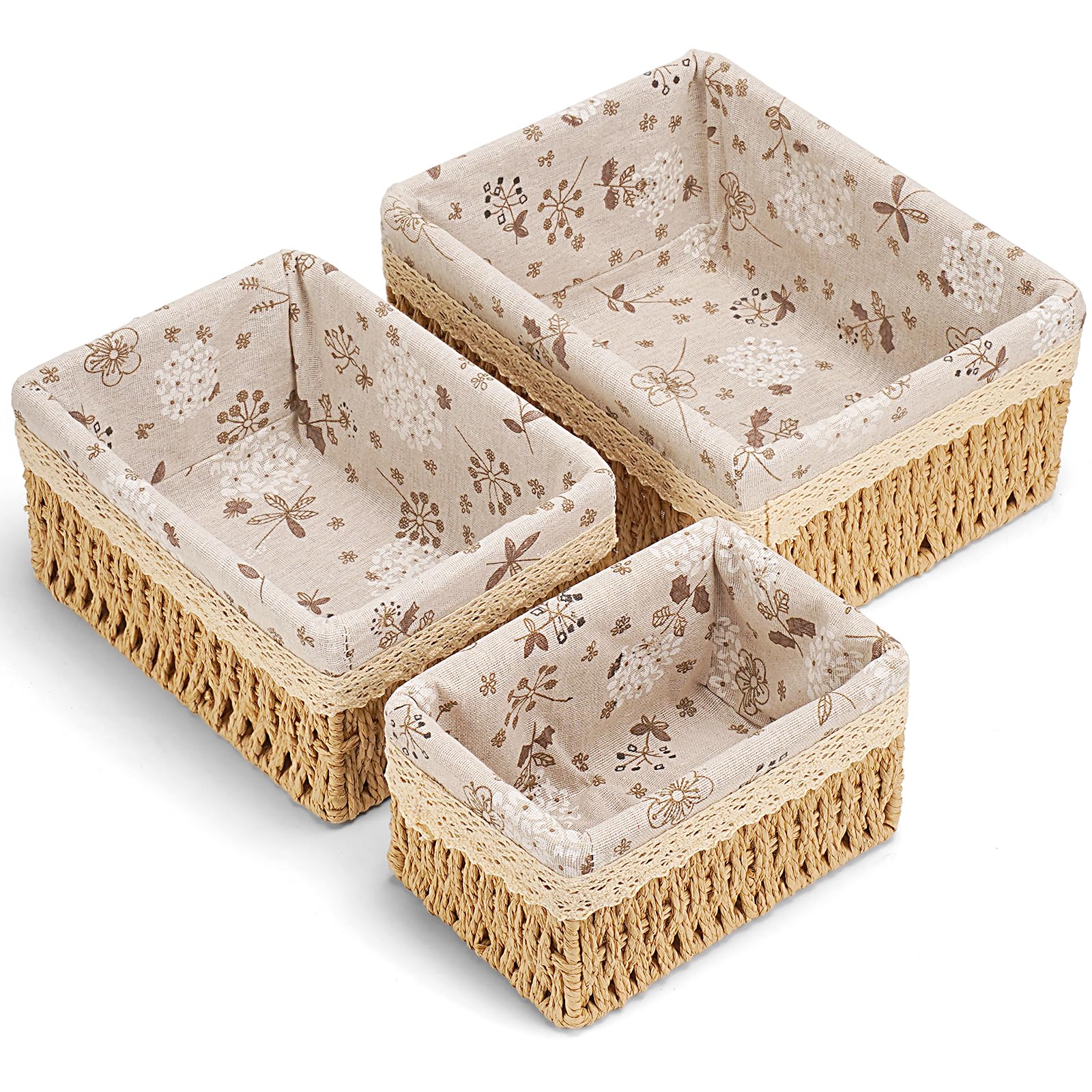 Amaredom Floral Wicker Baskets, Handwoven Multi-size 3-Pack Storage Baskets Set, Perfect For Home Organizing, Storage and Décor - Beige