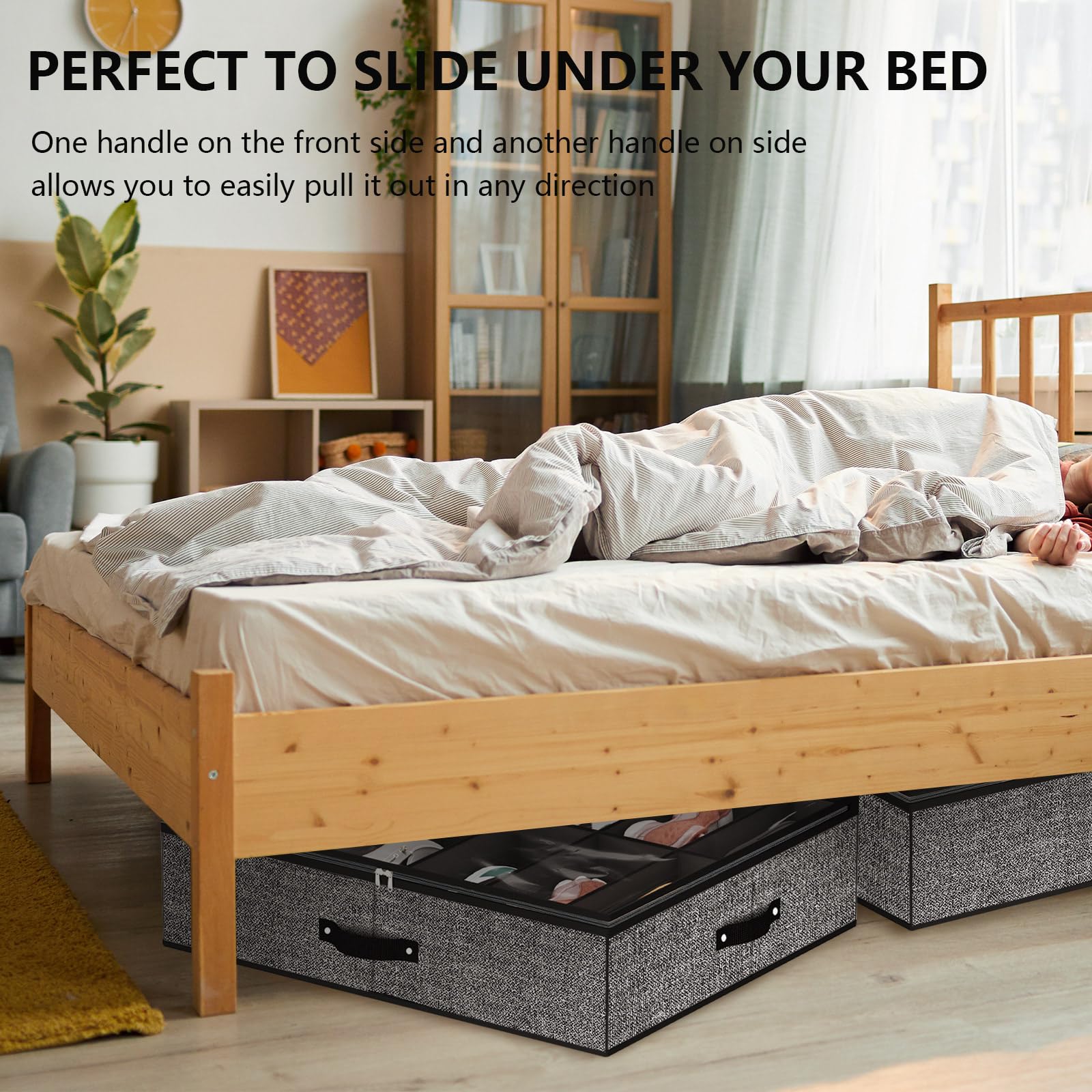 Under Bed Shoe Storage Organizer for Closet Fits 24 Pairs-Sturdy Underbed Shoe Containers Box Bedding Storage Organizador De Zapatos with Clear Cover,Set of 2, 29.3 x 23.6 x 5.9inch(Linen-like Black)
