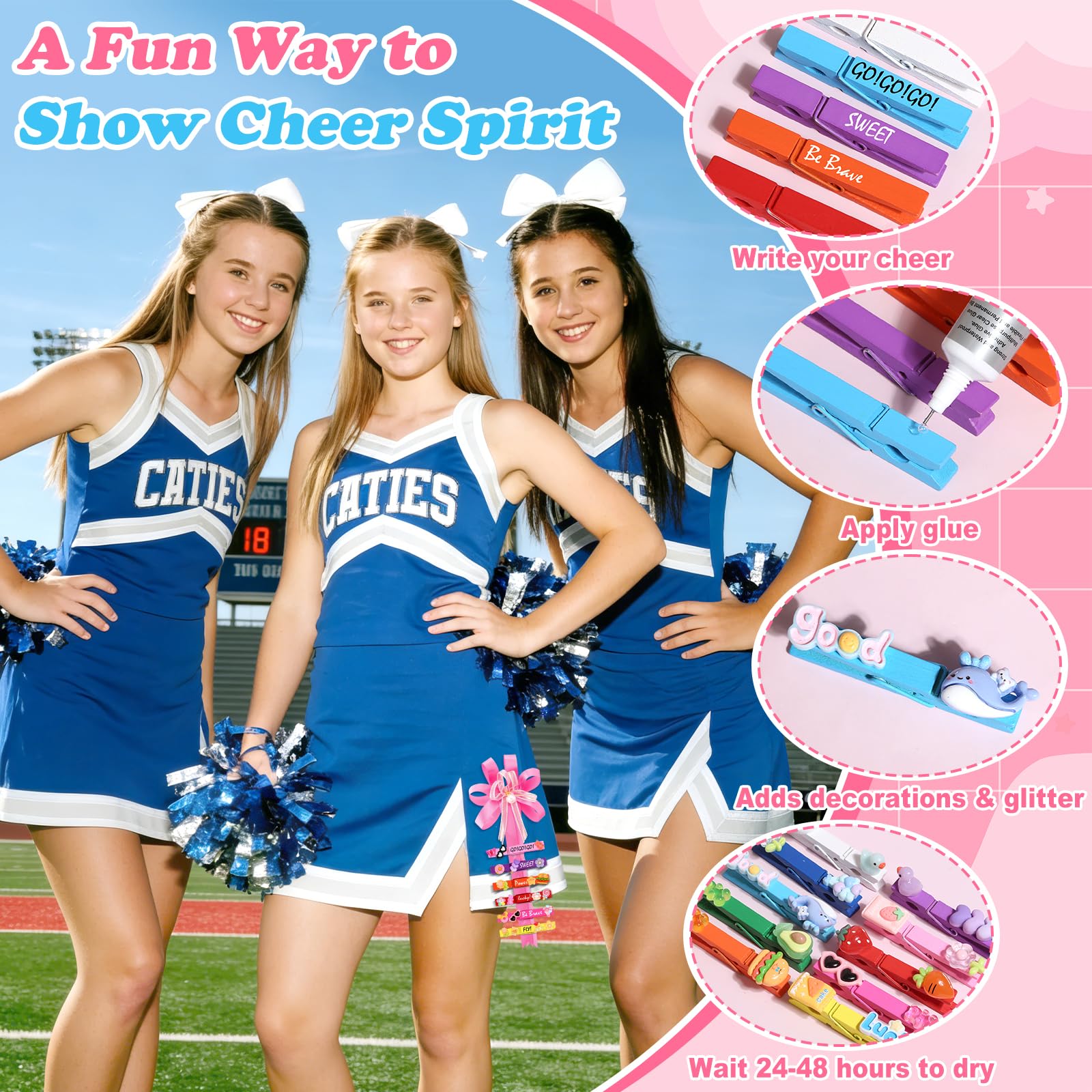 Cheer Pins Spirit Clips,100 Colored Clothes Wooden Pins, 112 Mini Resin Charms Bows Sticker, 300 Beads Pompoms Cheer Clothespins Decor, Pin Making Kit for Ribbon Team Classroom Cheerleader Gifts