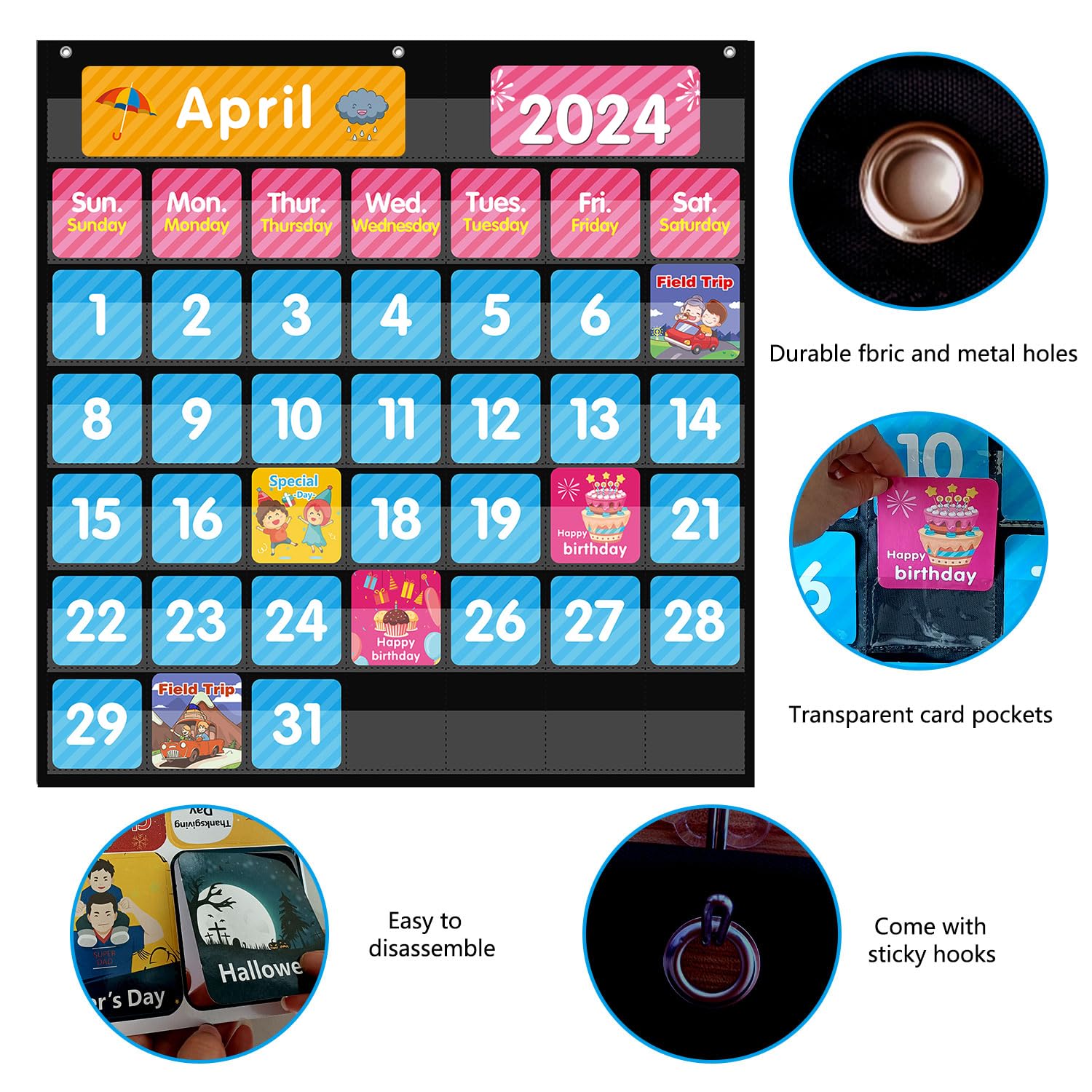REGELETO Large 44 Pockets Calendar Pocket Chart for Classroom with 85 Cards, Monthly Calendar and Weather Black Pocket Chart for Students Learning and Homeschool (25” X 24”)