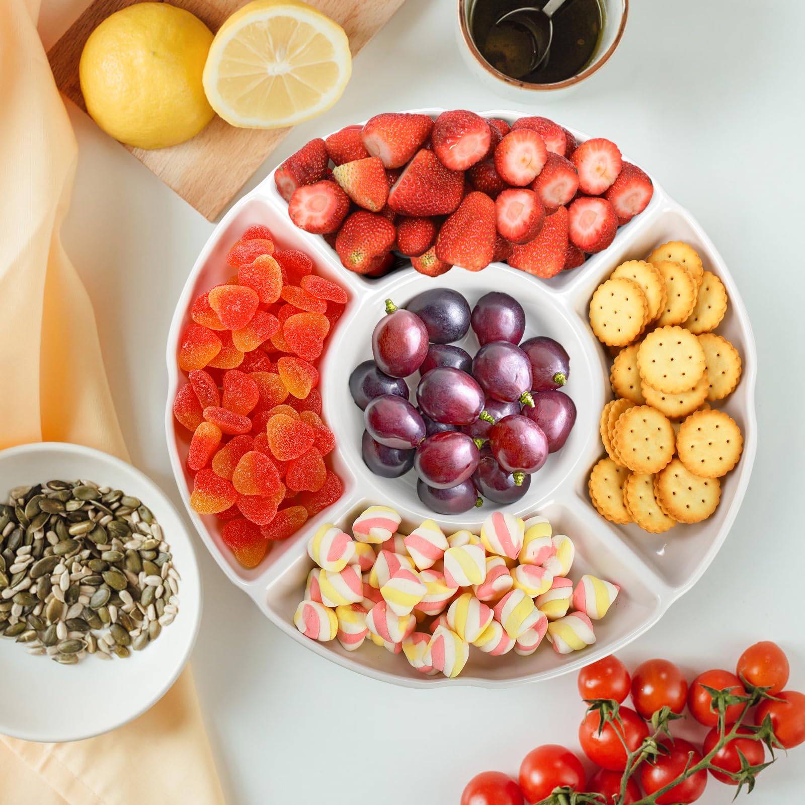 Pumtus 3 Pack Chip and Dip Serving Tray, Melamine Divided Serving Plate, 13" Decorative Sectional Platter, 5-Compartment Stoneware Appetizer Fruit Dish for Nuts, Veggie, Snack, Entertain, Party