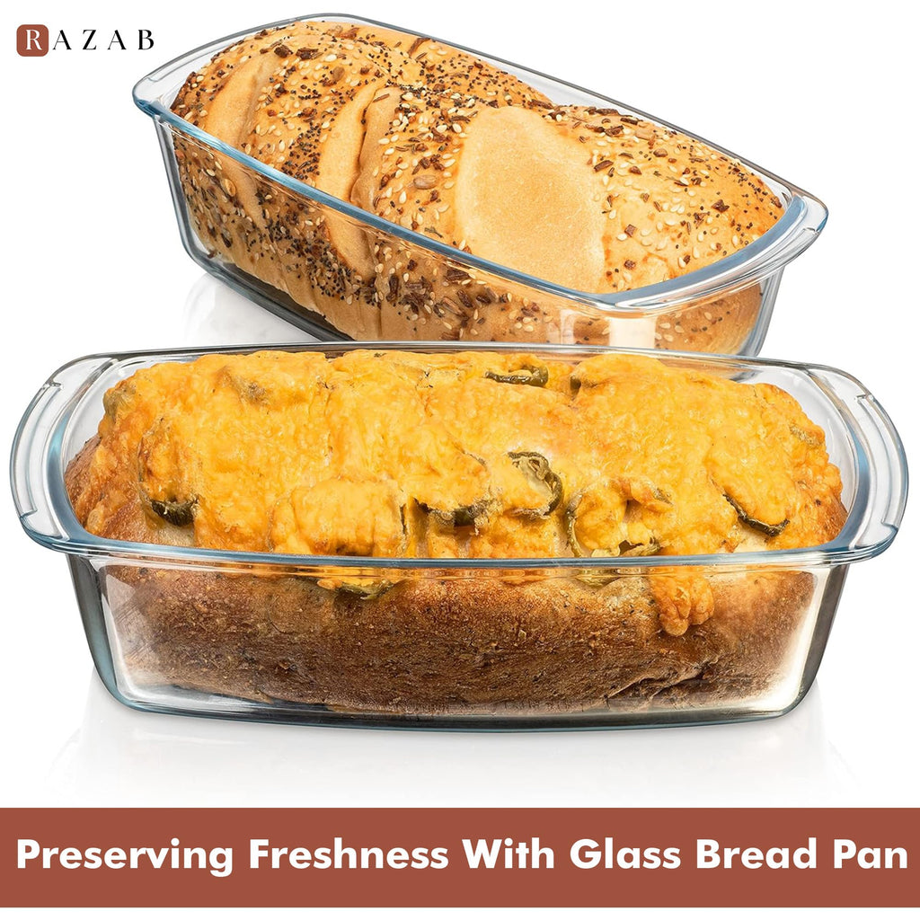 Razab 7.6 Cups / 1800ml / 1.9 Qt Large Glass Loaf Pan with Lids (Set of 2) - BPA-Free Meatloaf Pan with Easy-Grip Handle - 10 x 5 in Bread Baking Pan, Microwave & Oven Safe