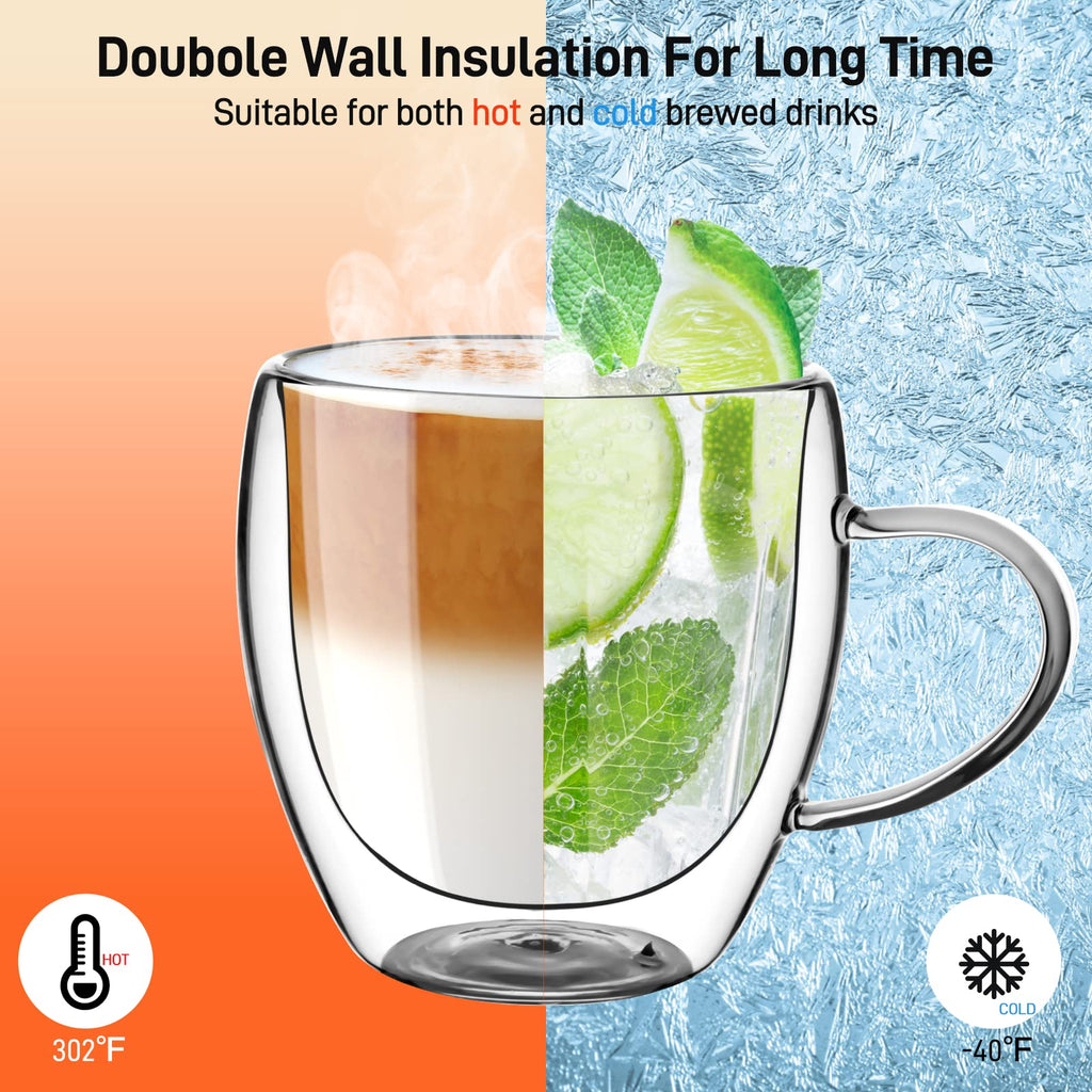 Dyserbuy 4 Pack Cappuccino Glass Mugs, Double Wall Insulated Glass Coffee Mugs with Handle, Drinking Glasses Cups, Perfect for Cappuccino, Latte, Espresso, Tea, Juice, Beverage (250ml/ 8.5oz)