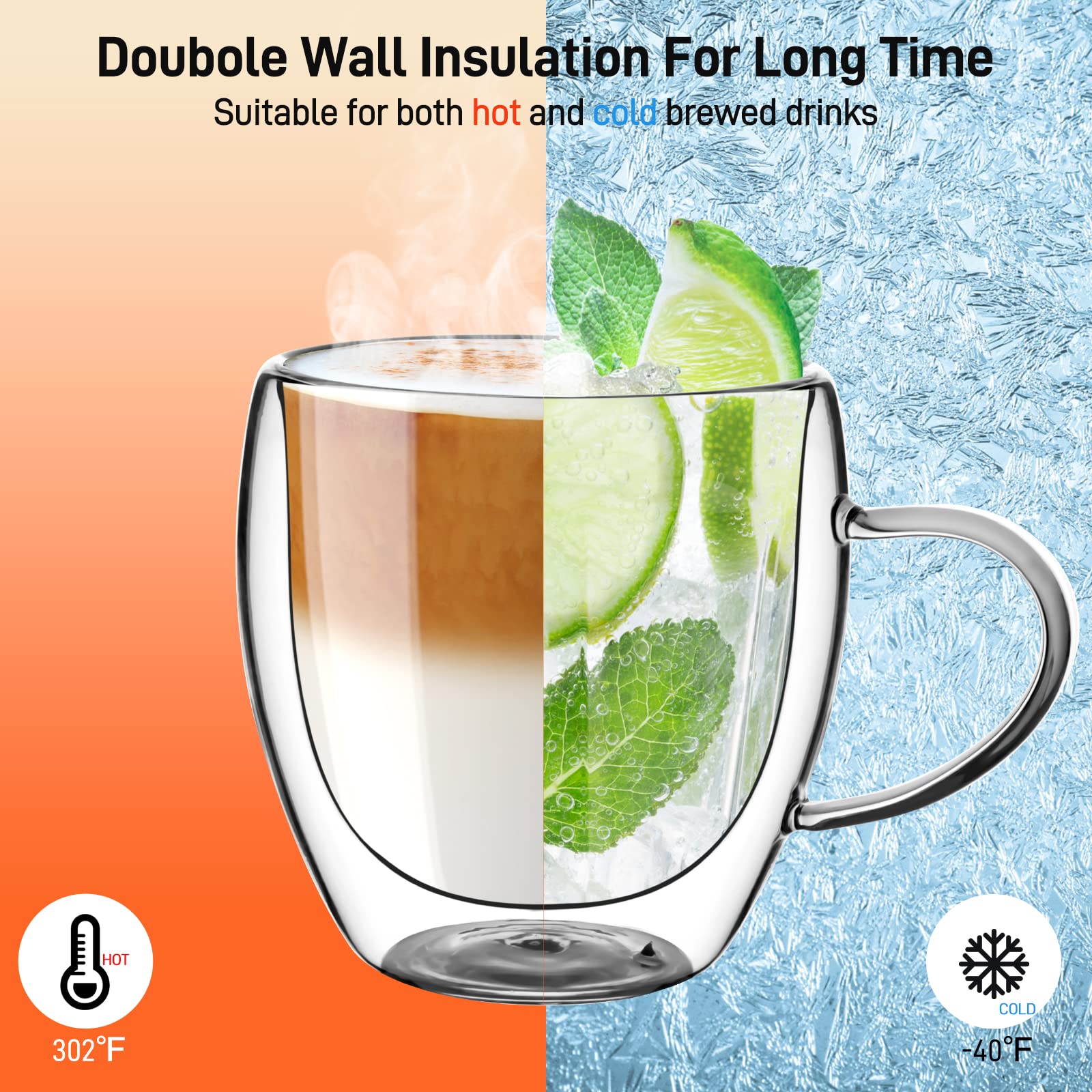 Dyserbuy 4 Pack Cappuccino Glass Mugs, Double Wall Insulated Glass Coffee Mugs with Handle, Drinking Glasses Cups, Perfect for Cappuccino, Latte, Espresso, Tea, Juice, Beverage (250ml/ 8.5oz)