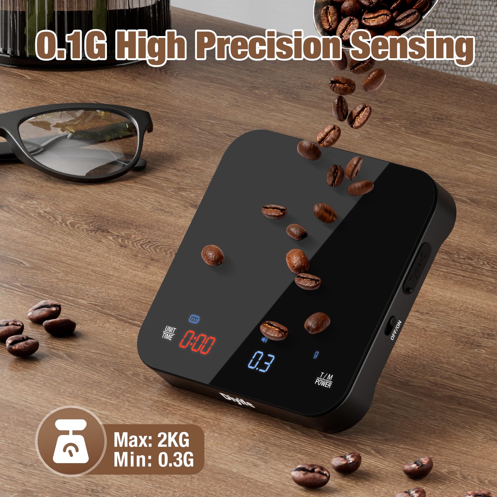 Rechargeable Mini Coffee Scale with Timer, 2kg/0.1g Diyife Espresso Scale with Brewing Assist Modes, Tare, Buzzer Function, High Precision Portable Digital Scale for Espresso and Pour-Over Coffee