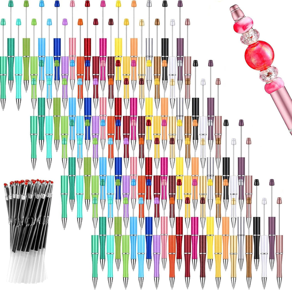 100 Pcs DIY Beadable Pens, Plastic Ballpoint Pens Bulk, Bead Pen with 100 Extra Refill Black Ink for Making Gift Students School Office Supplies (Multicolor)