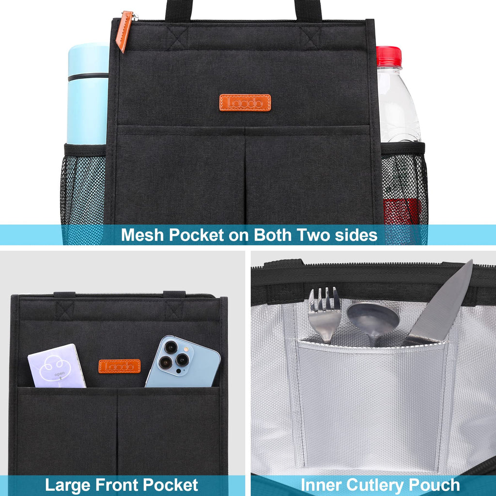 Lacdo Lunch Bag for Women Men Insulated Lunch Tote Bags Waterproof Reusable Lunch Box Soft Cooler with Pockets for Work School Travel Picnic, Black