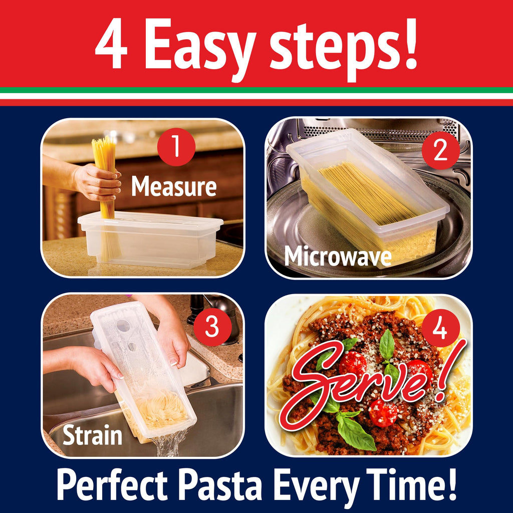 Microwave Pasta Cooker, Uncoated- The Original Fasta Pasta (Red)- Quickly Cooks up to 4 Servings- No Mess, Sticking or Waiting for Boil- Perfect Al Dente Pasta Every Time- for Dorms, Small Kitchens,