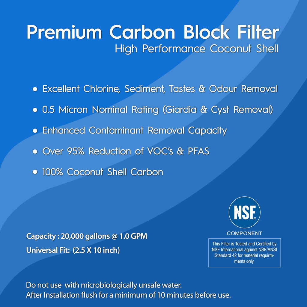 AquaRenaissance Premium 0.5 Micron Carbon Block 2.5 x 10 inch CTO Water Filter Cartridge Replacement, 95% VOC & PFAS Reduction, for Under Sink, and Reverse Osmosis Systems, NSF Certified, 2 Pack