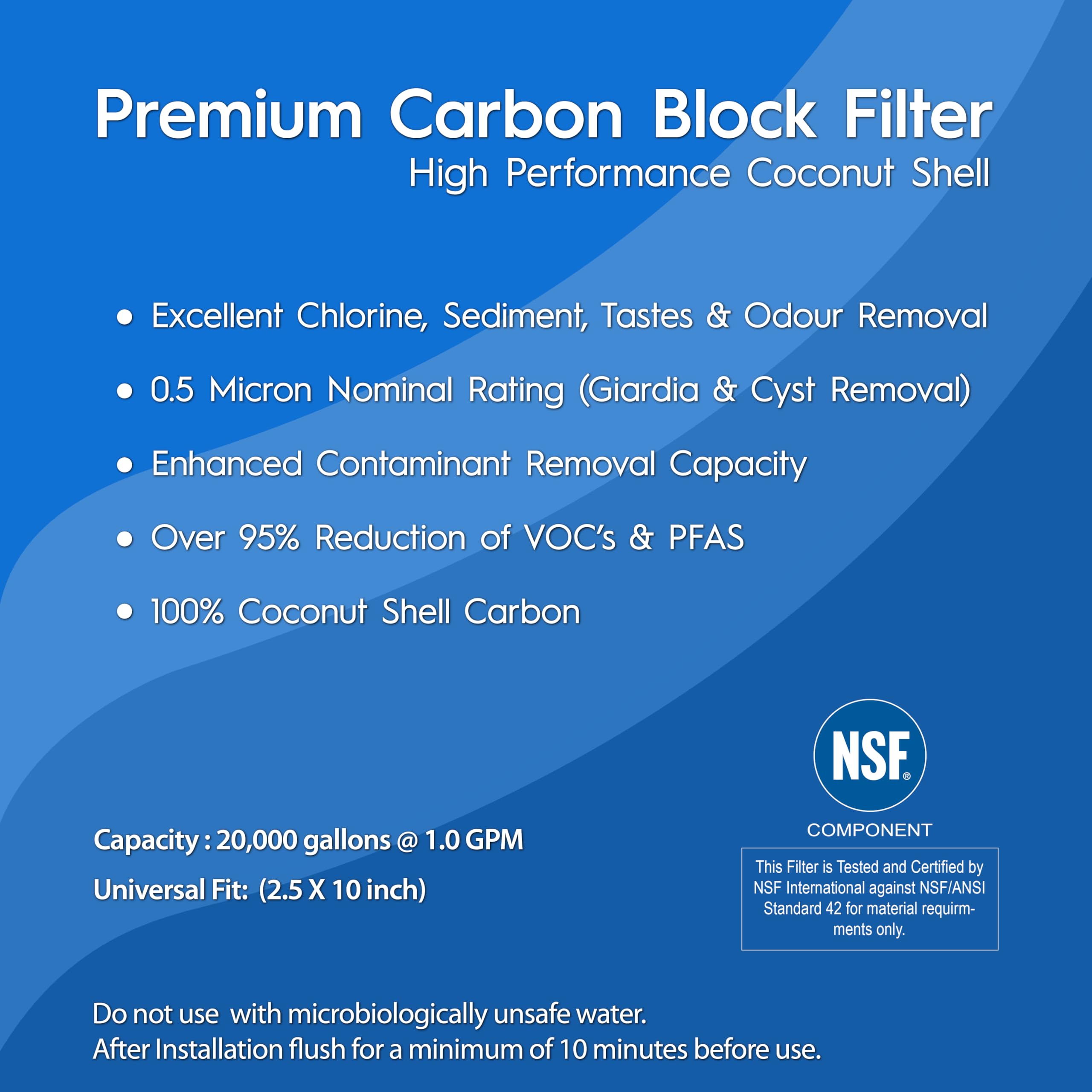 AquaRenaissance Premium 0.5 Micron Carbon Block 2.5 x 10 inch CTO Water Filter Cartridge Replacement, 95% VOC & PFAS Reduction, for Under Sink, and Reverse Osmosis Systems, NSF Certified, 2 Pack