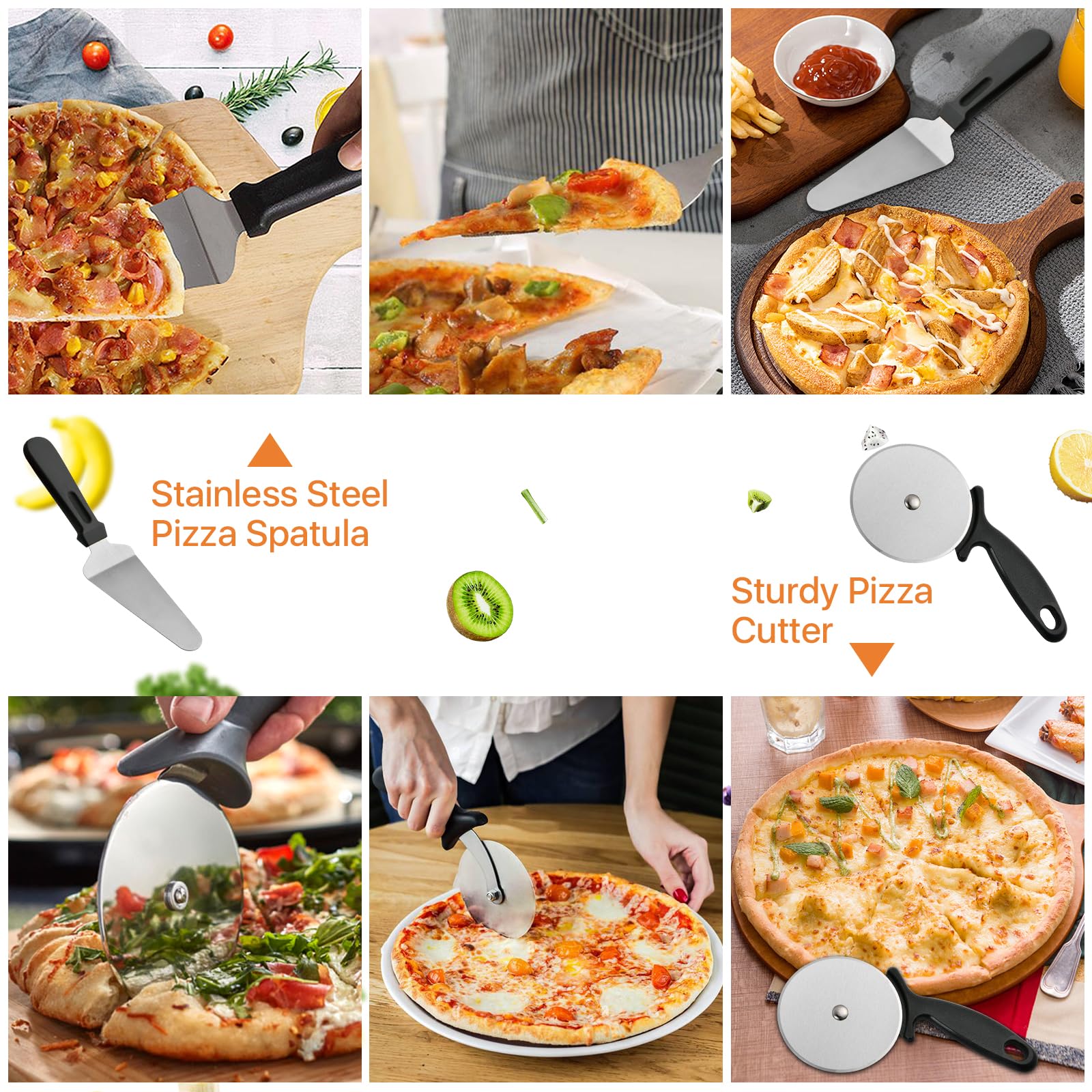 Worldity 4 Pcs Pizza Oven Accessories Set, Stainless Steel Pizza Peel, Foldable Pizza Spatula with Pizza Cutter and Shovel, Pizza Paddle for Baking Pizza, Bread, Pastry