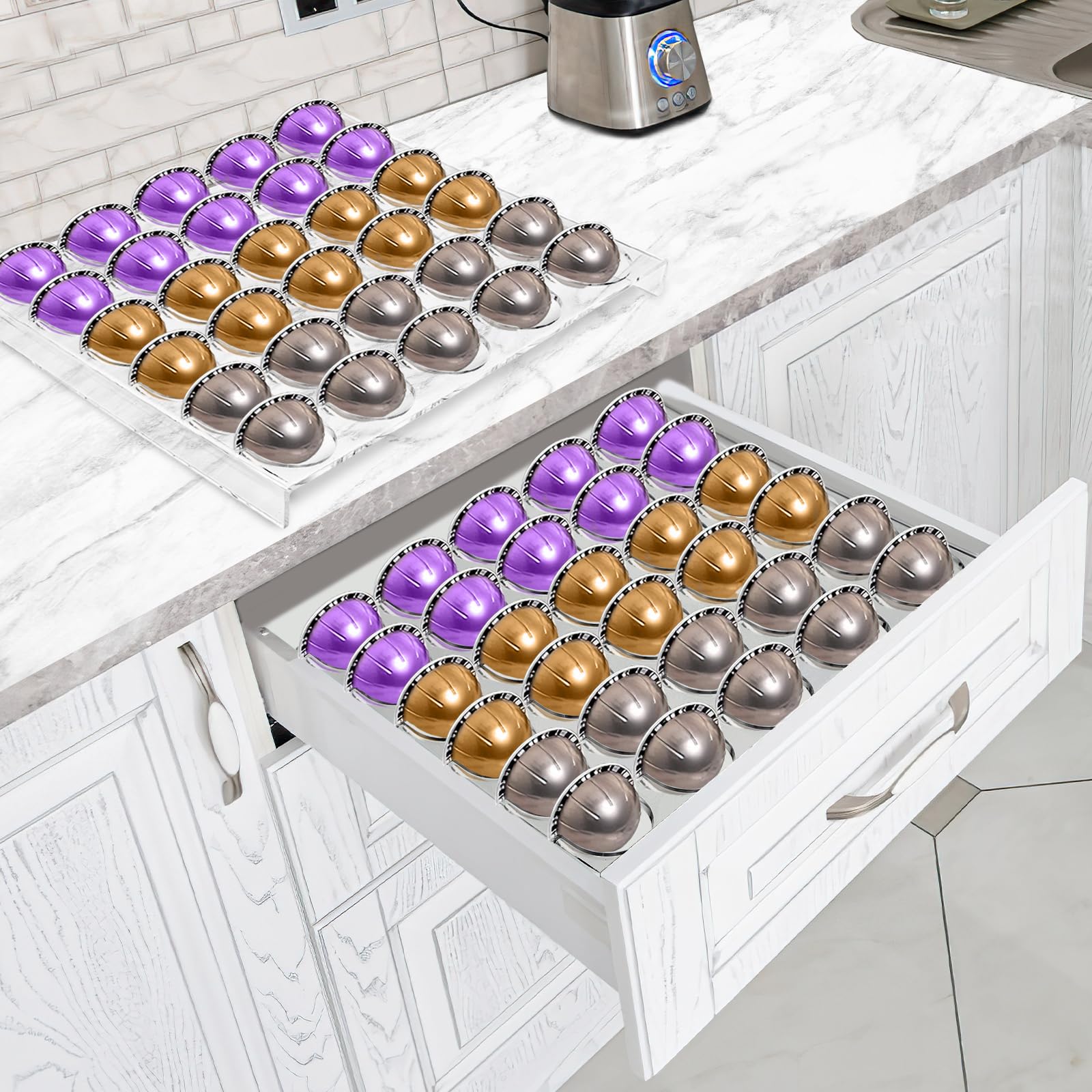 Cididu 2 Pack Coffee Pod Holder Storage Tray, 30 Pods Clear Coffee Espresso Pod Storage, Acrylic Drawer Insert Organizer for Countertop, Kitchen, Home, Office, 12.6" L x 9.8" W