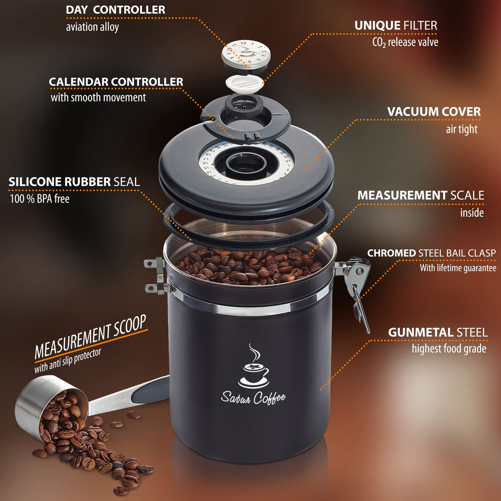 Coffee Canister Airtight Coffee Container - Stainless Steel Coffee Storage for Beans, Grounds, Tea, Sugar - Coffee Containers with Date Tracker, Scoop, CO2 Valve Filters, Medium Coffee Jar 16oz, Black