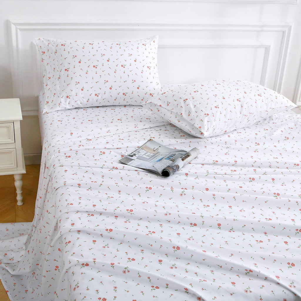 Softan Pink Floral Full Sheet Set Printed Sheets Double - 4 Piece Microfiber Patterned Fitted Sheets with 15" Deep Pocket, Cute Pink Flower Sheets with Straps