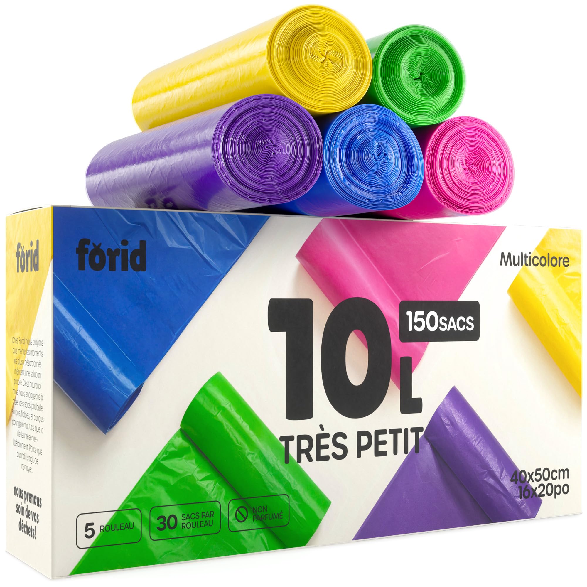 FORID Small Garbage Bags 10 Litre / 2.6 Gal 150 Count - Colorful Trash Bags for Bathroom, Bedroom & Home Office - Multi-Color Kitchen Garbage Bag Liners for small Trash Cans - Petit Sac Puobelle