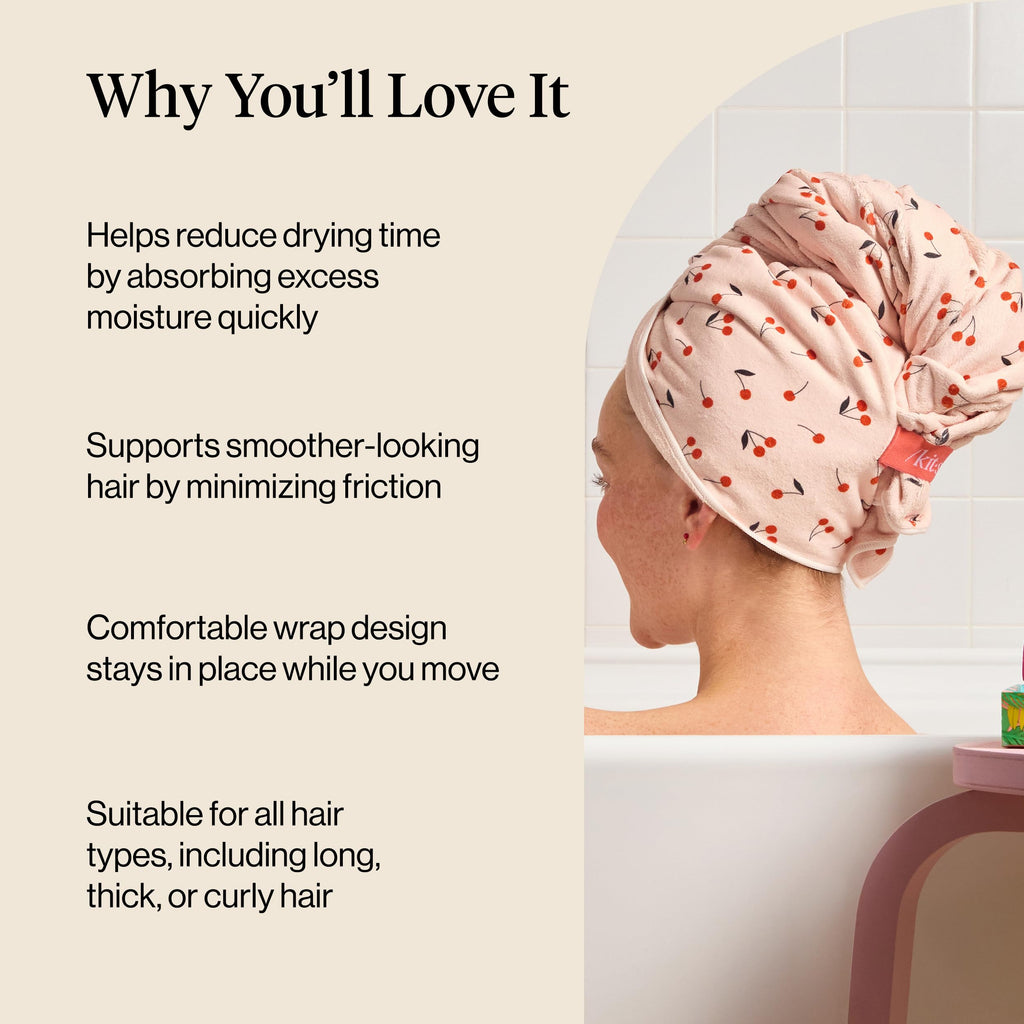 Kitsch XL Microfiber Hair Towel Wrap for Women - Microfiber Towel, Super Absorbent, Quick Dry, Anti-Frizz - for Long and Short Hairs, Turbans for Women, Wet and Curly Hair Wrap - Cherry Print