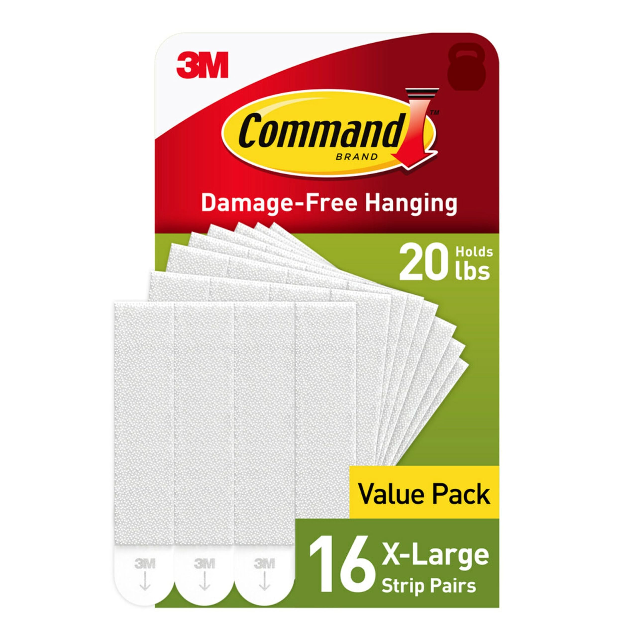 Command 20 Lb XL Heavyweight Picture Hanging Strips, Damage Free Hanging Picture Hangers, Heavy Duty Wall Hanging Strips for Living Spaces, 16 White Adhesive Strip Pairs