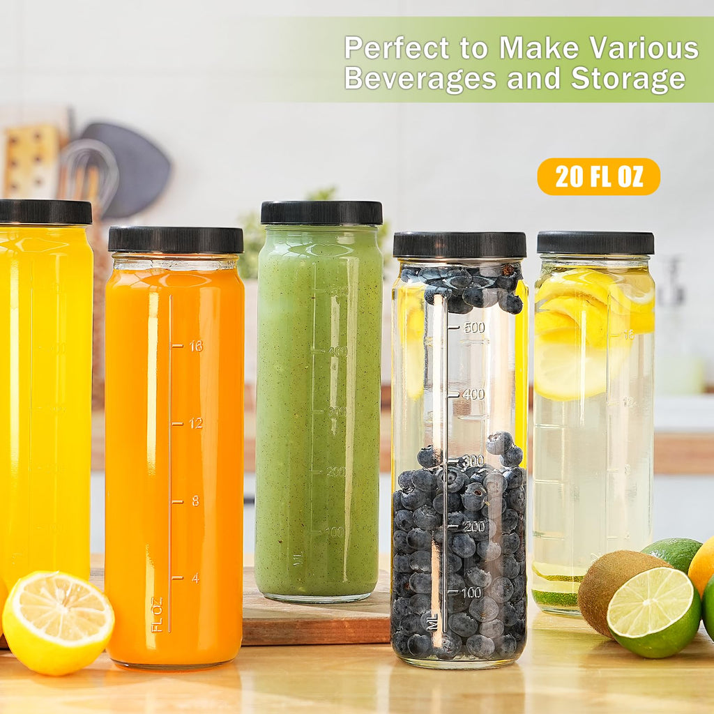 20 Oz 8 Pack Glass Juicing Bottles w Airtight Lids - Reusable Drinking Jars w Scale, Travel Water Cups - Glass Juice Bottle with Lid for Boba, Smoothie, Vanilla Extract