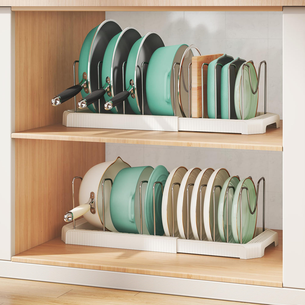 Pots and Pans Organizer for Under Cabinet, Expandable Pan Pot Organizers Inside Cabinet, Pot Rack for Kitchen Organizers and Storage Holder with Adjustable Compartment